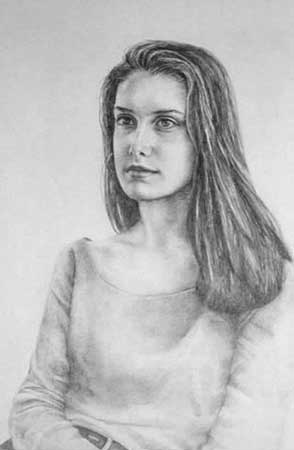 drawing of dark haired young woman, head and shoulders